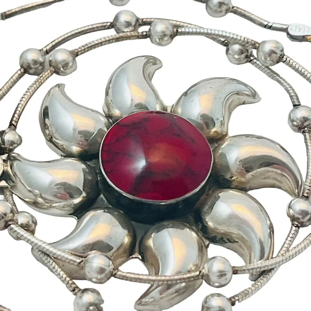 Vintage Sterling Silver Red Jasper Necklace Sun‎ Sunburst Star Pendant Italy